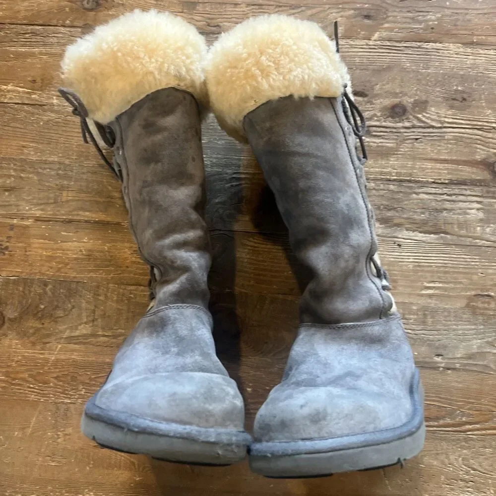 UGG Australia Tall Shearling Lace-Up Boots Gray Suede Women’s Size 8 (EU 39)